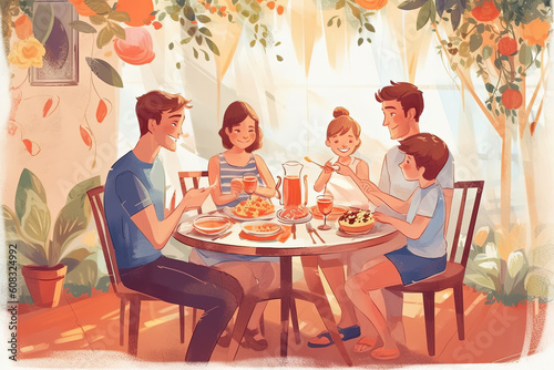 Family at Dinner Table illustration