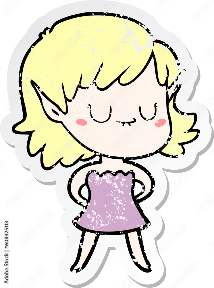 distressed sticker of a happy cartoon elf girl wearing dress distressed sticker of a happy cartoon elf girl wearing dress