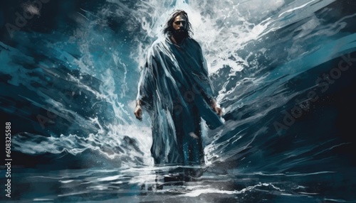 Jesus Christ walking on water or sea. Generative Ai