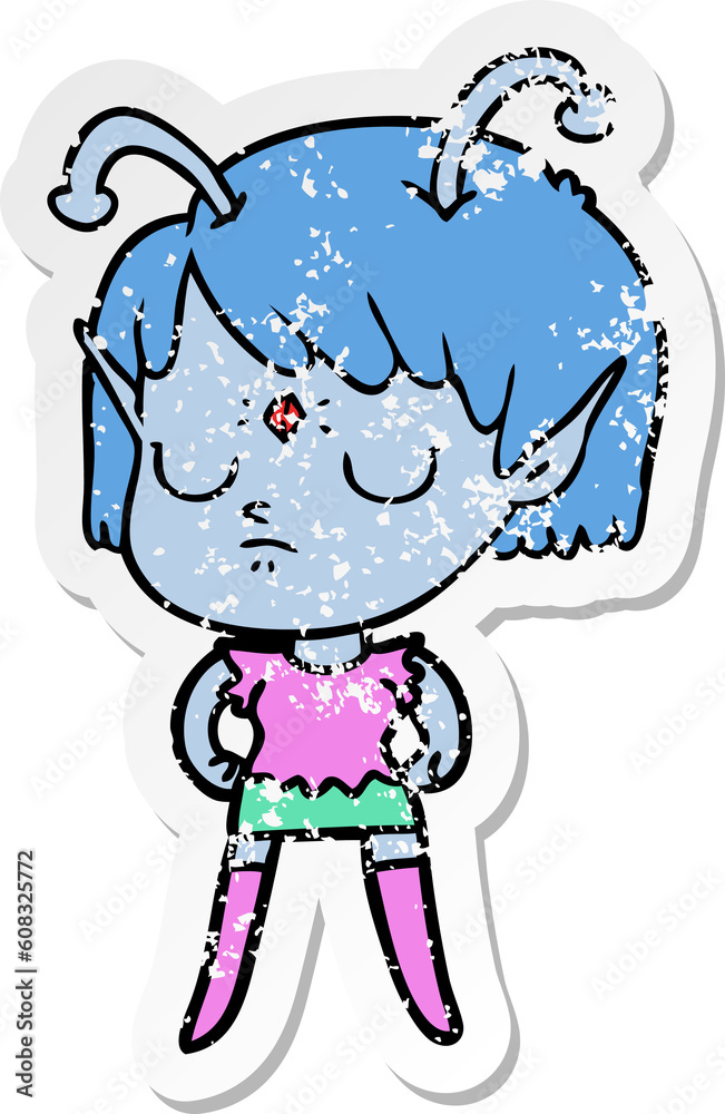 distressed sticker of a cartoon alien girl distressed sticker of a cartoon alien girl