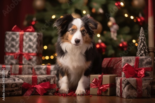 Illustration of a Collie dog sitting in front of a Christmas tree with presents created with Generative AI technology