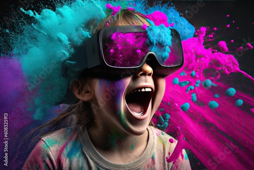 Excited child or kid wearing VR headset with a big smile on face  enjoying a virtual reality experience that sparks wonder and joy. Generative AI