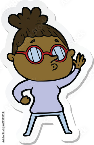 sticker of a cartoon woman wearing glasses