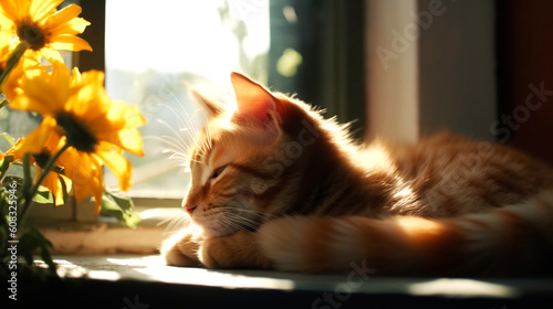 ginger cute tabby cat is napping in the sun on the windowsill next to indoor flowers, ai generated photo