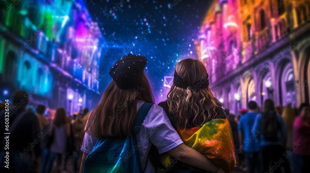 Girl couple at night of pride parade. Concept of LGBT pride. AI generated