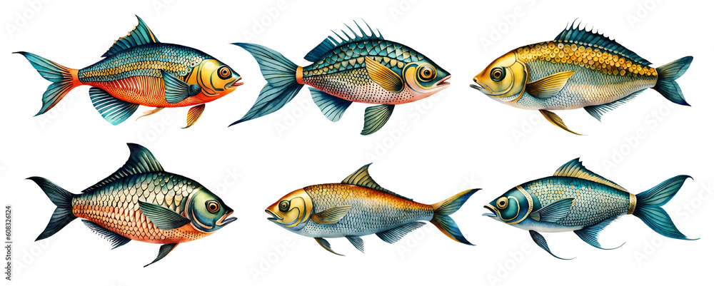 Watercolour collection of fish. Generative Ai