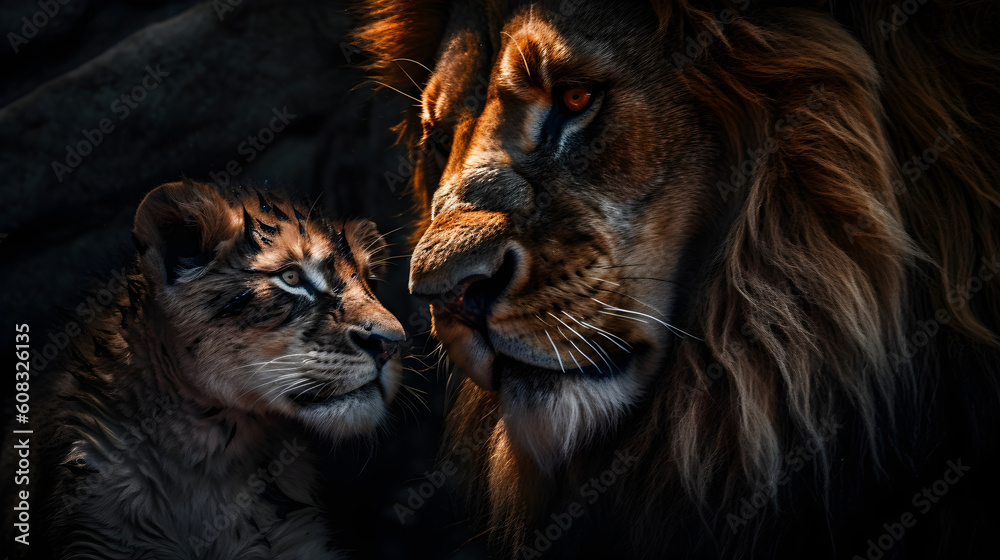 lion and his cub in cave