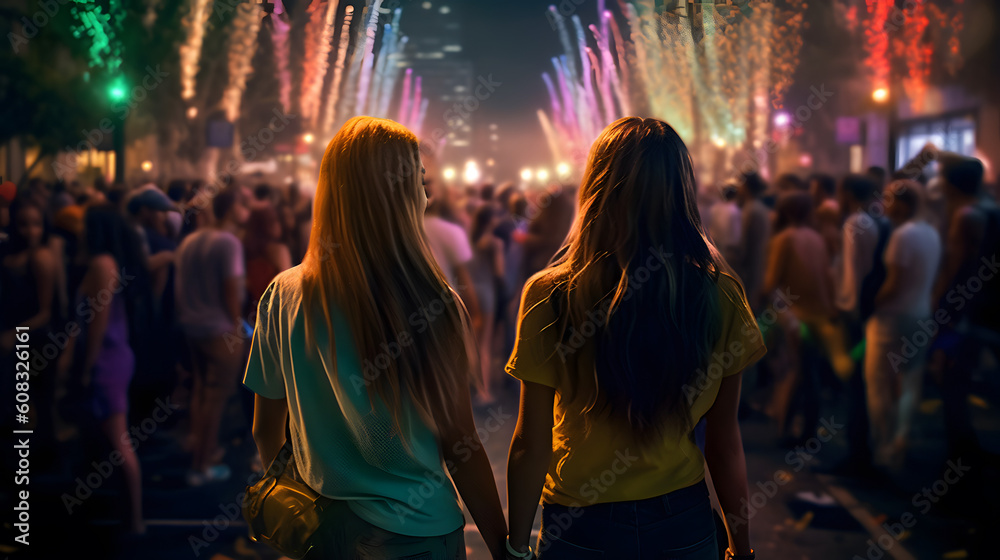 Girl couple at night of pride parade. Concept of LGBT pride. AI generated