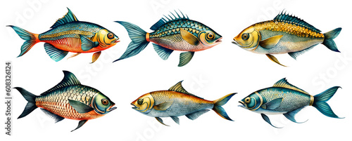 Watercolour collection of fish. Generative Ai