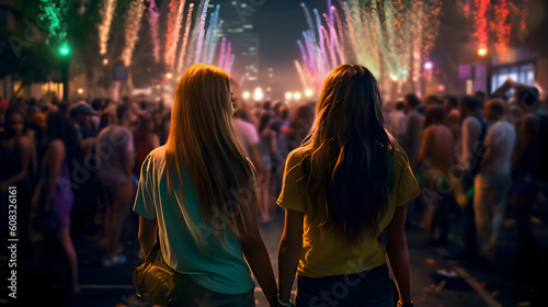 Girl couple at night of pride parade. Concept of LGBT pride. AI generated