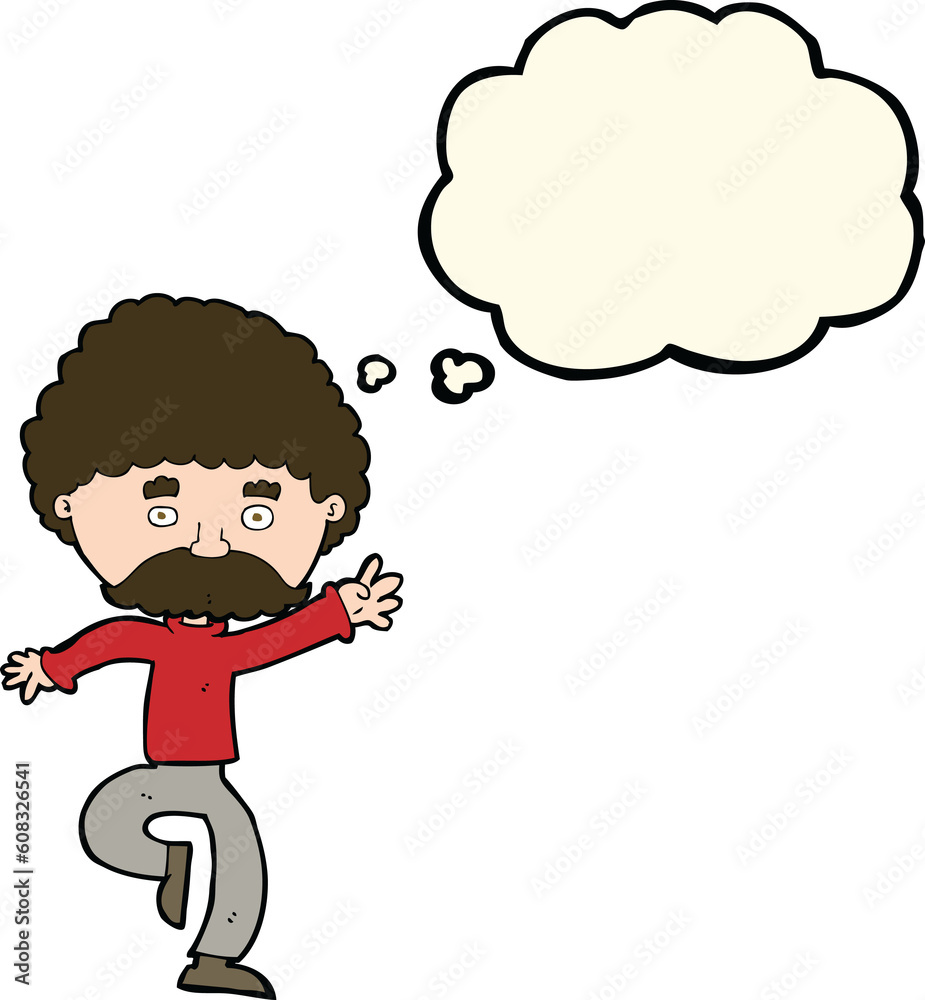 cartoon mustache man disco dancing with thought bubble
