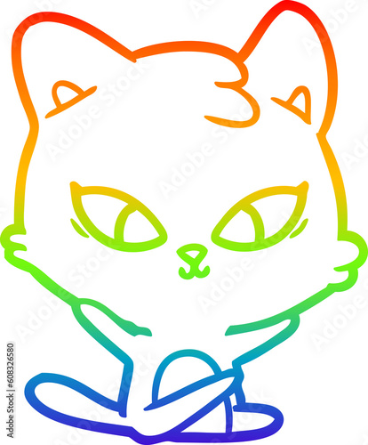 rainbow gradient line drawing of a cute cartoon cat