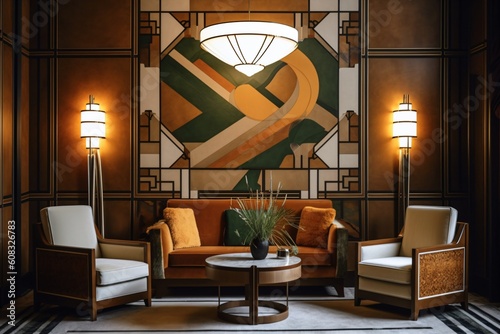 art deco living room with sofa and chandelier, dining room interior design with luxury decoration, fictional interior created with generative ai 