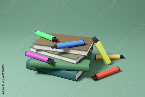 Colorful disposable vapes scattered around a pile of school textbooks. Illustration of the concept of the loophole allowing retailers to give free vape samples to children and youngsters