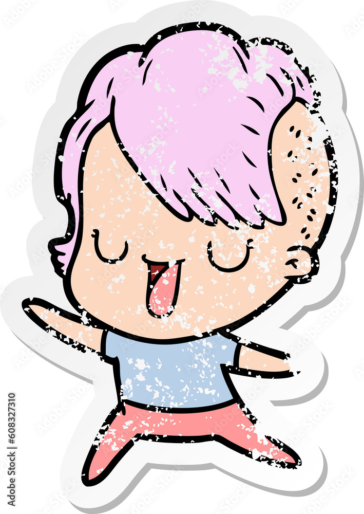 distressed sticker of a cute cartoon girl with hipster haircut distressed sticker of a cute cartoon girl with hipster haircut