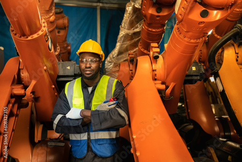 Black engineers wearing uniforms and helmets with crossed arms believing in professional service for the maintenance and quality inspection of industrial robotic arms. photo