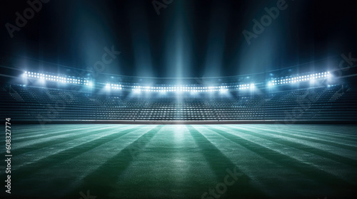 Stadium spotlights at night with green grass. Generative AI
