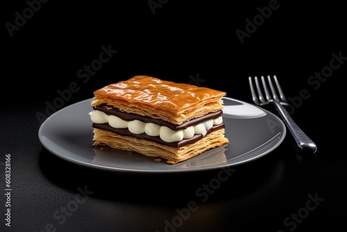 tasty millefeuille cake on a plate, black background, illustration, generative ai photo
