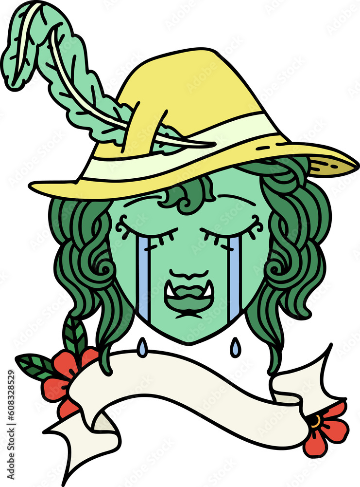 Retro Tattoo Style crying half orc bard character face