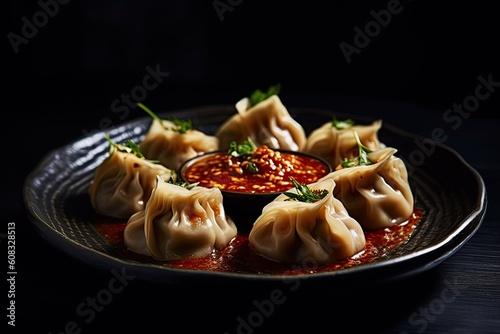 nepali momo dumplings on a plate, black background, illustration, generative ai photo