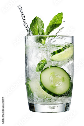 cucumber mint water splashing in a glass isolated on a transparent background