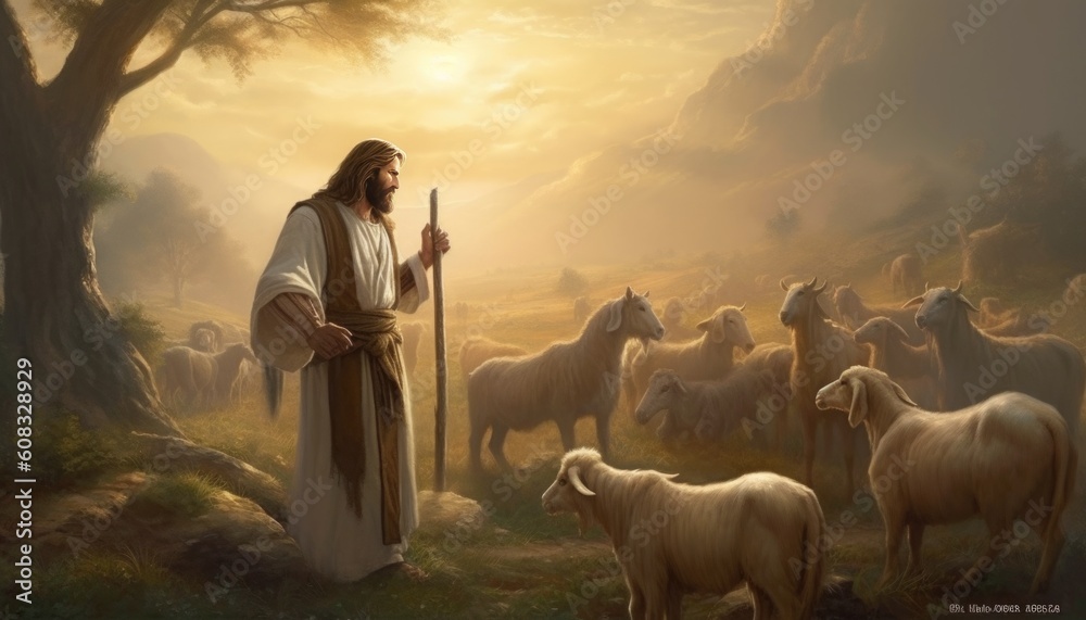 Jesus is walking in the meadow with the sheep, Jesus is shepherding ...