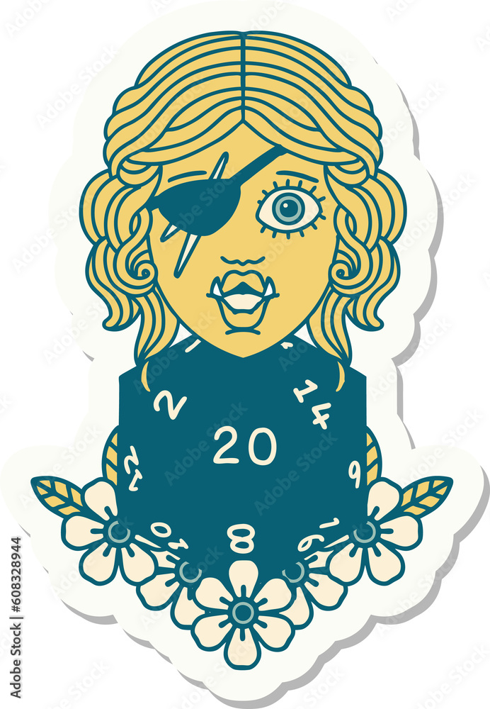 sticker of a half orc rogue with natural twenty dice roll sticker of a half orc rogue with natural twenty dice roll