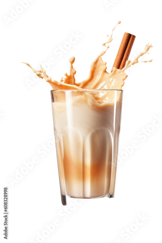 spiced chai latte splashing in a glass isolated on a transparent background