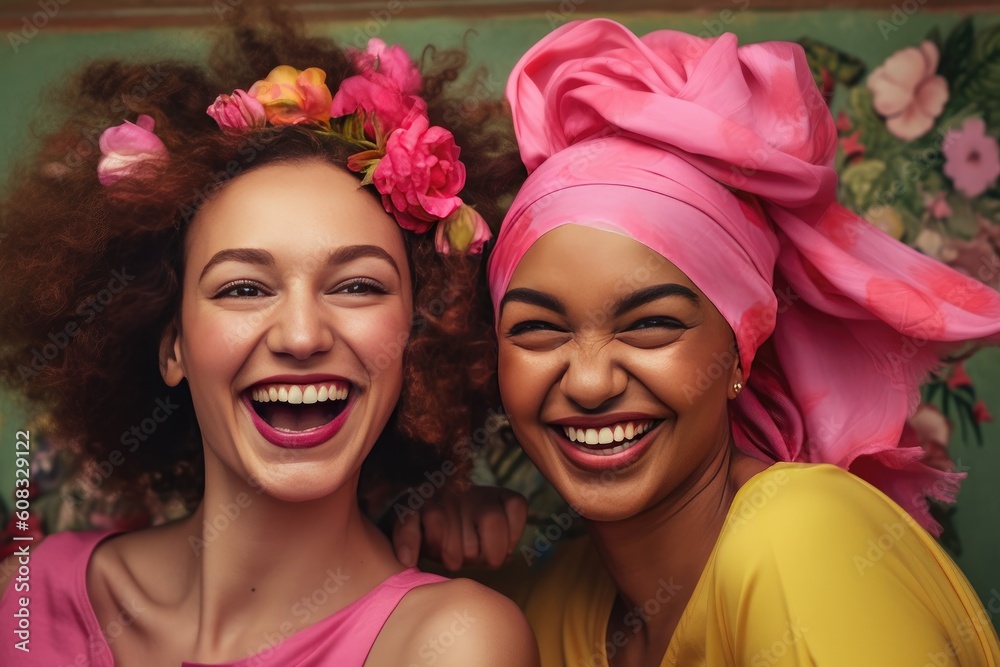 Cheerful multicultural women wearing pink headbands fighting against cancer. Happy cancer survivors. Generative AI
