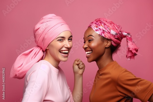 Cheerful multicultural women wearing pink headbands fighting against cancer. Happy cancer survivors. Generative AI