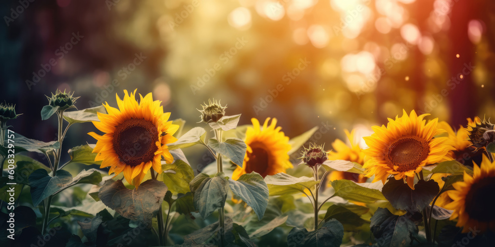 Fototapeta premium Sunflower Field in summer. Beautiful Sunflowers on a blurred summer nature background. Elegant Floral Background for greeting card for Birthday, Father's Day, Mother's day. Gene