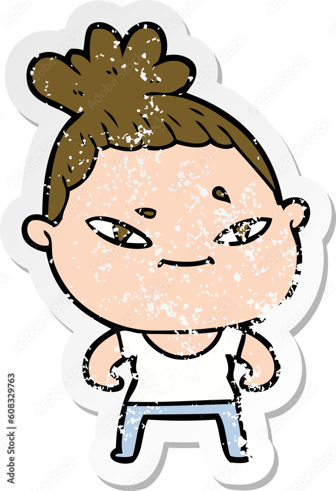 distressed sticker of a cartoon woman distressed sticker of a cartoon woman
