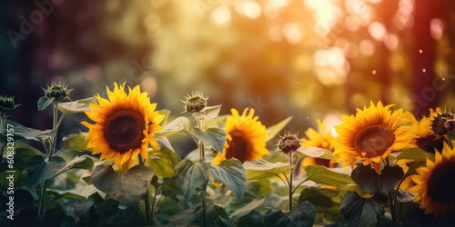 Sunflower Field in summer. Beautiful Sunflowers on a blurred summer nature background. Elegant Floral Background for greeting card for Birthday, Father's Day, Mother's day. Gene