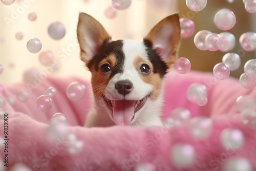 Happy Dog Getting a Bubble Bath: Playful and Refreshing Pet Care © jahidsuniverse