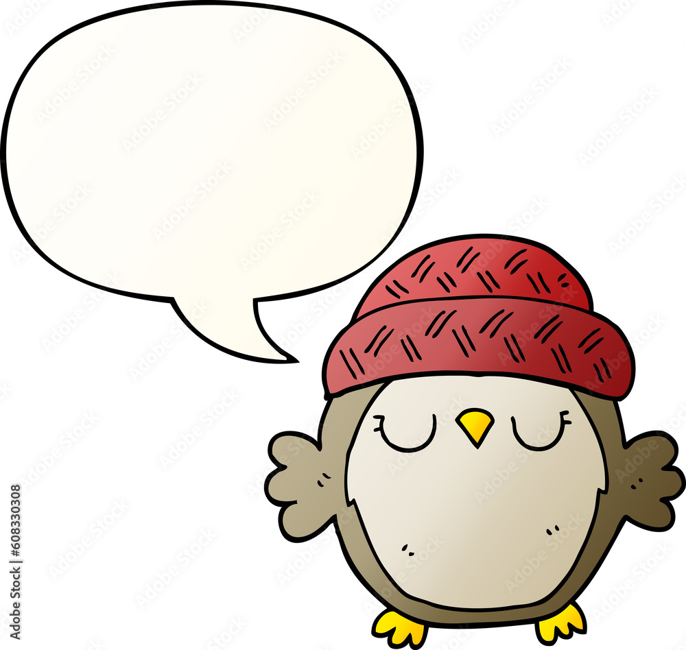 Obraz premium cute cartoon owl in hat with speech bubble in smooth gradient style
