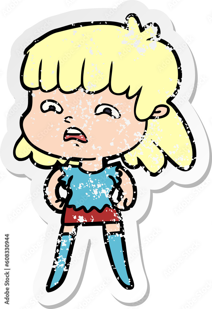 distressed sticker of a cartoon worried woman