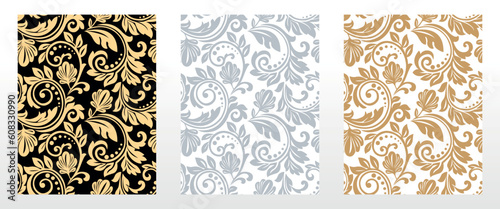 Wallpapers in the style of Baroque. Seamless vector backgrounds. Set of colored floral ornaments. Graphic patterns for fabric, wallpaper, packaging. Ornate Damask flower ornaments
