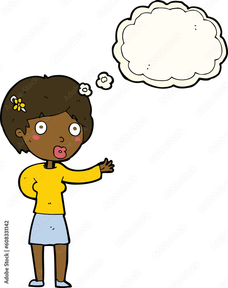 cartoon waving woman with thought bubble cartoon waving woman with thought bubble