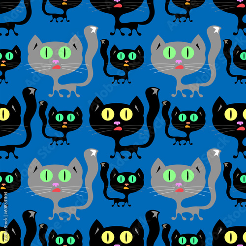 Vector Black and Grey Cats Seamless Pattern on Blue Background.