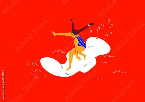 Photography Girl surfing on a sanitary pad in the red sea