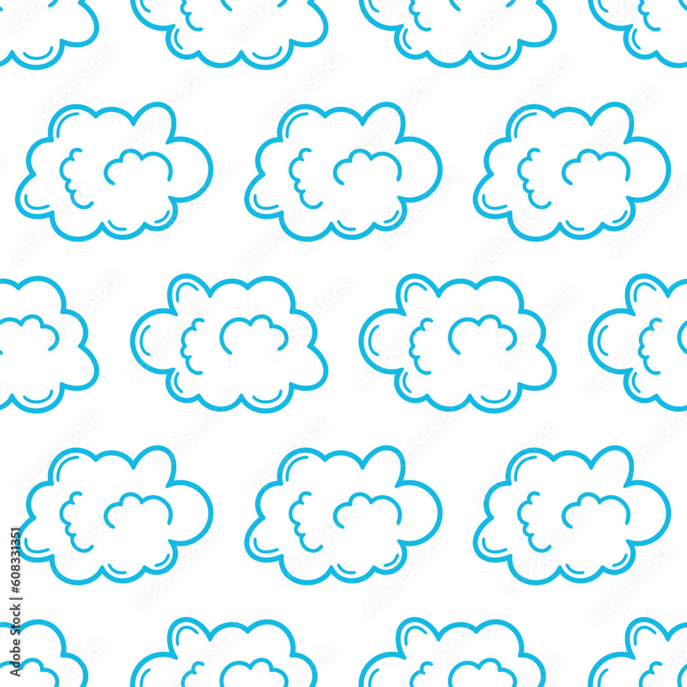 Doodle cloud seamless pattern with blue outline. CMYK color mode ready to print.