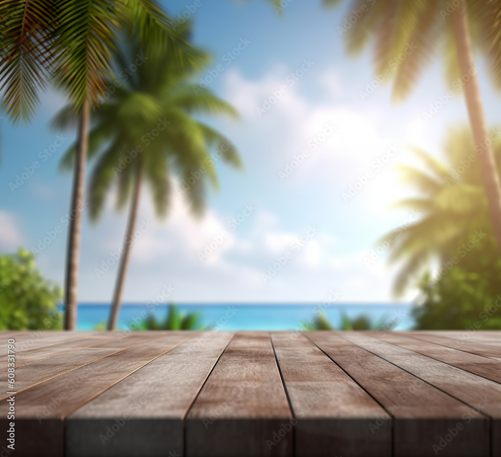 A wooden table looking out to a blurred tropical landscape