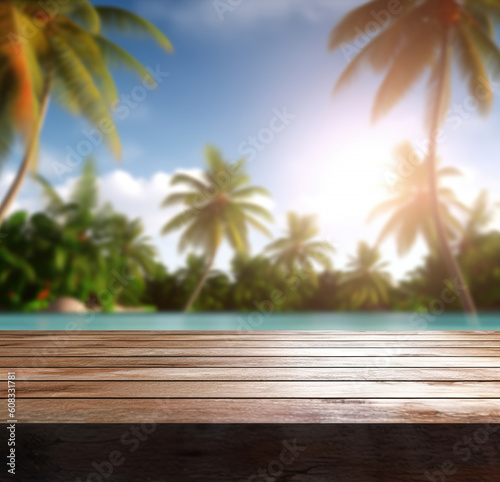 A wooden table looking out to a blurred tropical landscape