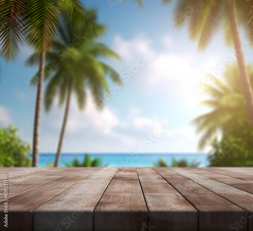 A wooden table looking out to a blurred tropical landscape