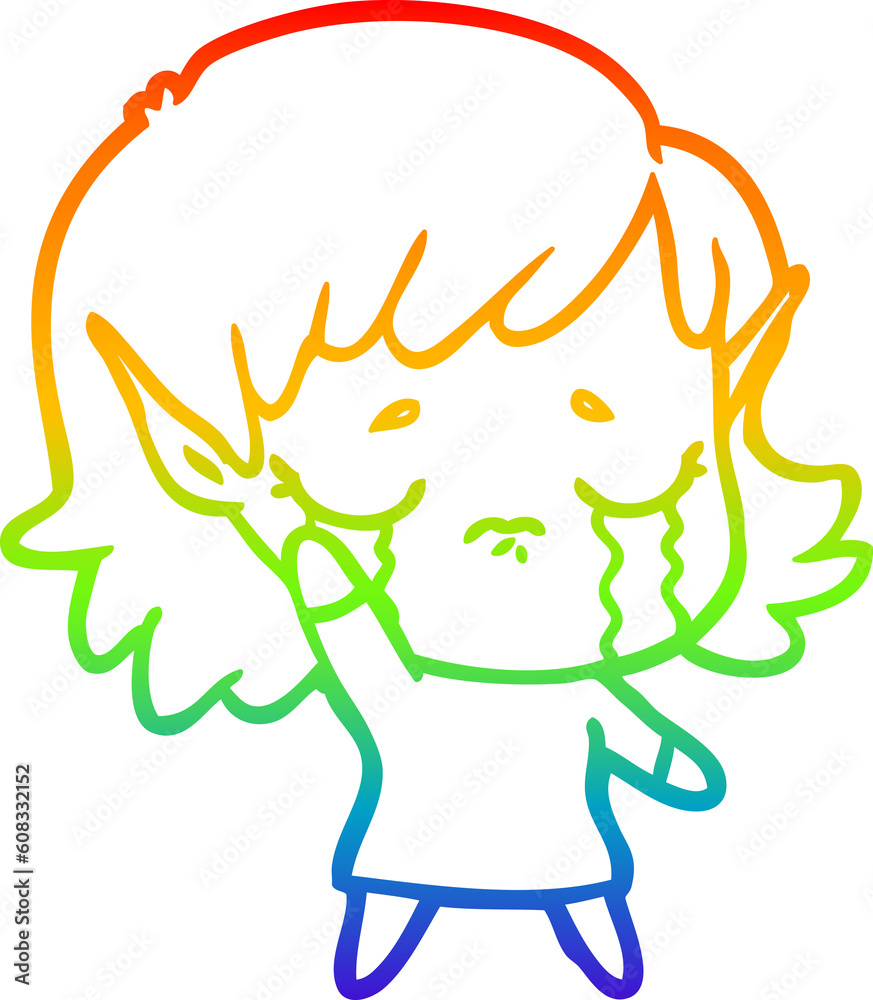 rainbow gradient line drawing of a cartoon crying elf girl rainbow gradient line drawing of a cartoon crying elf girl