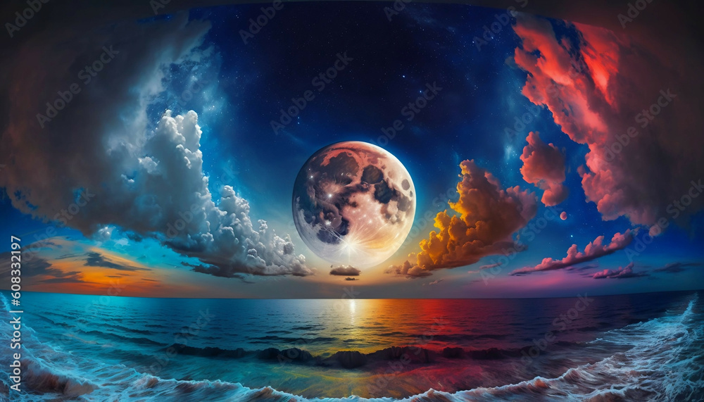 Beautiful landscape by the ocean with a view of the moon Beautiful landscape by the ocean with a view of the moon