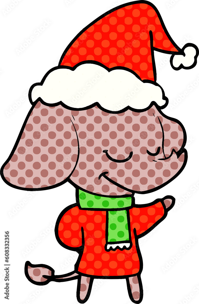 hand drawn comic book style illustration of a smiling elephant wearing scarf wearing santa hat hand drawn comic book style illustration of a smiling elephant wearing scarf wearing santa hat