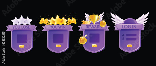 3D game frame UI vector background shield, victory player award, winner level up menu board, stars. Cartoon magic mobile app achievement banner kit, golden cup, wings. Game frame reward prize medal