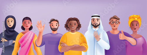 3D diverse people avatar set, business person vector group, multicultural character student crowd. Office team, happy man, smiling woman cartoon society concept. Diverse people community work banner