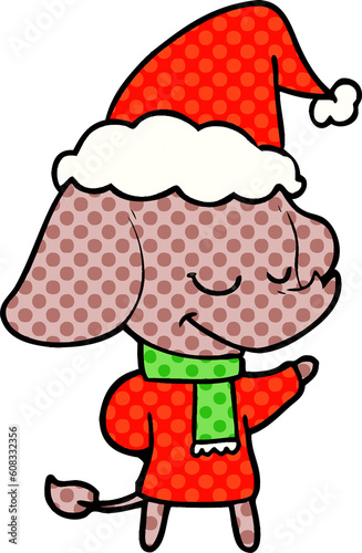 hand drawn comic book style illustration of a smiling elephant wearing scarf wearing santa hat